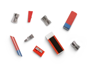 Gardinen A top down view of a collection of traditional office, business and back to school stationery, equipment for work and education isolated against a transparent background. © Duncan Andison