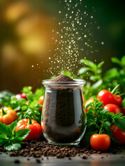 Nutrient-rich soil being poured into a glass jar, surrounded by fresh produce.
