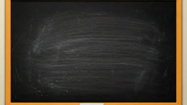 Clean blackboard with wooden frame. Empty dark chalkboard with light traces of chalk. Blank surface perfect for school announcement or video project.