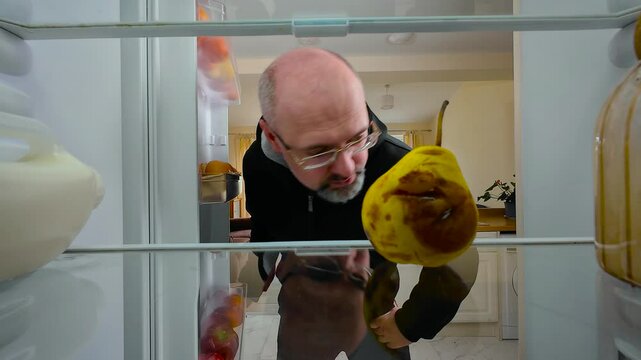 Man opening fridge, finding rotten pear, smelling it and grimacing in disgust, view from inside of fridge. Male adult feeling disappointed and grossed out. Guy reacting to bad smell while inspecting