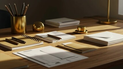 Elegant stationery set on wooden desk in sunlight. Stylish notebooks, pens, and paper arranged for branding presentation. This sophisticated stationery set is perfect for video marketing and promotion