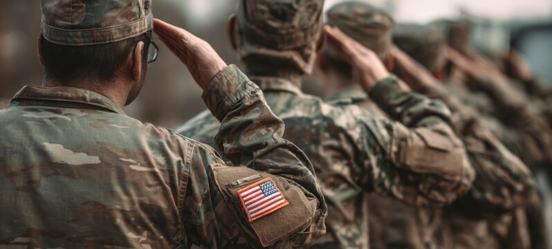 The soldiers saluting in formation during a military ceremony honoring their service.