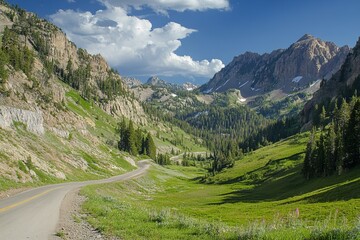 Mountain road winding through lush green valley with rugged cliffs and snow-dusted peaks under dramatic clouds