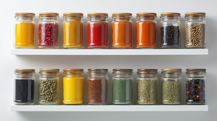 Glass jars display spices on a white shelf. Perfect for culinary blogs, recipe books, kitchen decor, food packaging, and cooking websites.