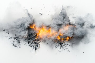 Massive explosion with fiery blast and dark smoke cloud on white background