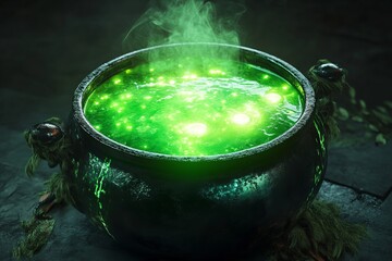 Glowing green potion bubbling in a cauldron with magical smoke rising in warm light
