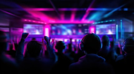 Audience at a vibrant electronic music concert, immersed in colorful lights and sound