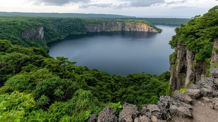 Fototapeta premium Crater lake vista, lush green valley, dramatic cliffs, cloudy sky
