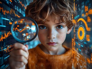 Young entrepreneur analyzing financial data with a magnifying glass