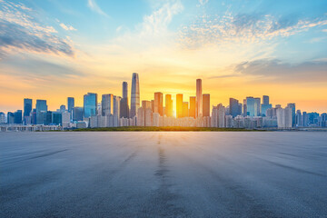 Fototapeta premium Empty downtown asphalt road and skyscrapers in background for transport ads and mockups