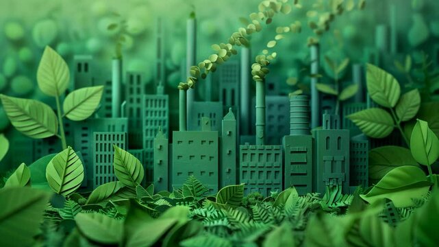 A vibrant green landscape where a city of factories and buildings is integrated with lush leaves, symbolizing sustainable industry and environmental protection.