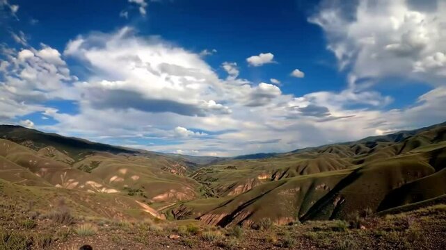 Scenic valley with rolling hills, cloudy sky