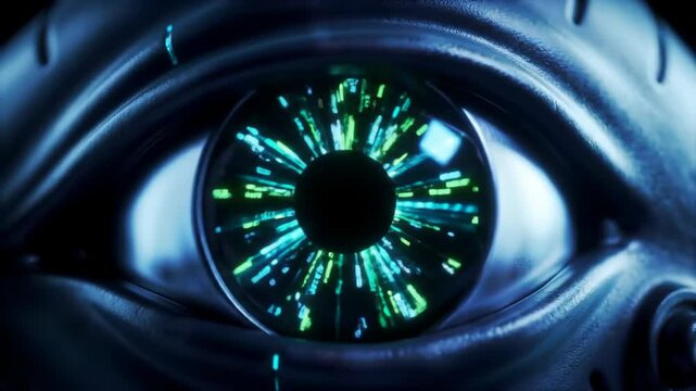 Futuristic metallic eye with glowing green digital codes inside. Detailed close-up of robotic eye showing intricate mechanisms and glowing circuits. High-tech digital eye perfect for sci-fi video proj