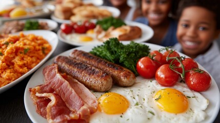 Close-up of american brunch with a plate full of traditional english breakfast food, including fried eggs, crispy bacon, sausages, tomatoes, with a african american family enjoying their meal in the b