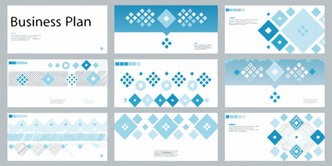 Modern Business Plan Presentation Template with Blue Diamond Shapes and Creative Design Elements for Corporate Use and Professional Communication