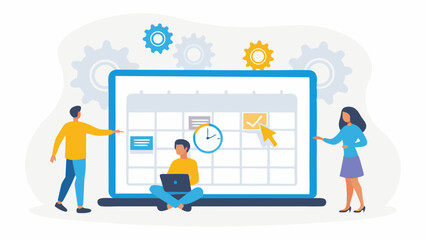 Teamwork and Scheduling People Collaborating on a Digital Calendar for Business Planning and Time Management Flat Vector Illustration