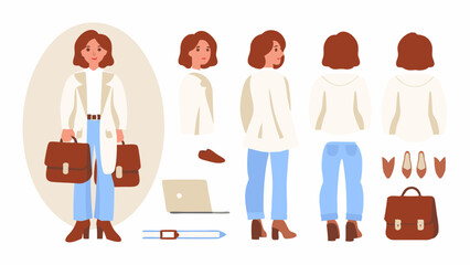 Businesswoman character design various views and poses front side back and parts for animation and illustration purposes vector art