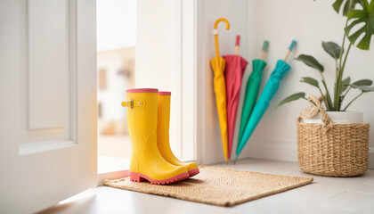 Yellow rain boots next to colorful umbrellas by the entrance door  