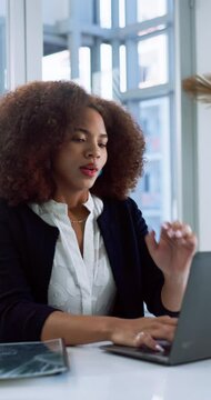 Thinking, employee and woman with laptop, online or legal assistant with idea for project or office. Contemplating, paralegal and black person with tech for research, litigation or typing in law firm
