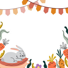 Cute flat vector frame with sleeping bunny, vegetables and festive element. Great for card, banner, invitation, seasonal print. Hand-drawn style, playful and bright design.