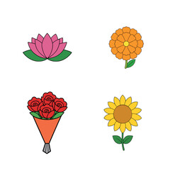 Vector art of collection of four different flower illustrations isolated on white