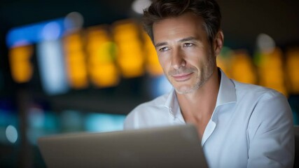 Focused businessman working on laptop in airport lounge - Powered by Adobe