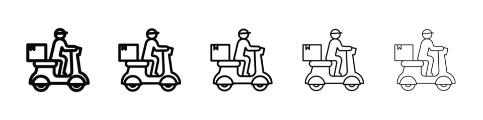 Delivery man riding motorcycle icon logo in stroke lines collection