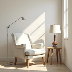 Calm corner setup with neutral fabric reading chair, small wooden side table, and vintage-style floor lamp, featuring soft diagonal sunlight, cozy minimalist home interior for relaxation or decor