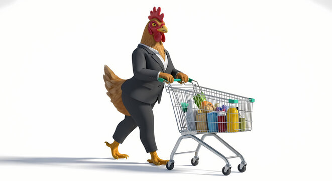 3D illustration of a funny chicken pushing a shopping cart. Playful and whimsical concept perfect for kids&rsquo; content, product ads, or creative mascot branding.
