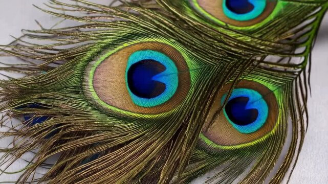 Close-up shot featuring colorful, vibrant peacock feathers, showcasing blue, green and bronze tones, intricate texture details, luxurious design and artistic flair.