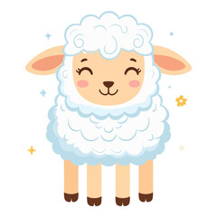 Fototapeta premium An animated sheep with a smiling face fluffy white wool peach ears standing on four legs Its surrounded by stars and a flower