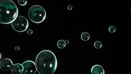 Abstract 3D horizontal flying flowing black green marble bubbles liquid reflection sphere connection render image monochrome dark backgrounds harmony elegance fashion trendy luxury brand advertisement