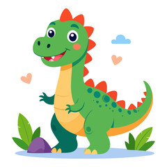 Obraz premium A green cartoon dinosaur stands smiling with hearts and cloud details