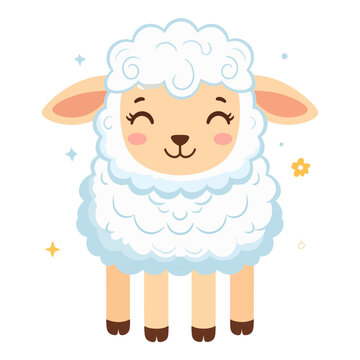 An animated sheep with a smiling face fluffy white wool peach ears standing on four legs Its surrounded by stars and a flower