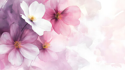 White and pink flowers softly blending into a watercolor background with blurred edges, isolated on white for postcards, banners