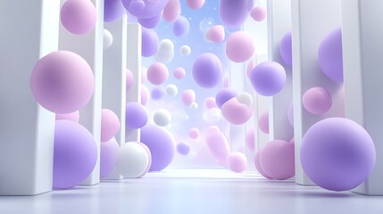Minimalistic 3D red spheres floating above white bars, purple-white theme, low angle, symmetrical, soft light, futuristic geometric design, bright clean lines.