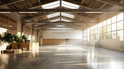 Spacious industrial warehouse interior bathed in natural light.