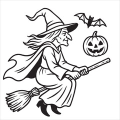 Premium Halloween Witch Outline Drawing