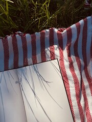 empty sketchbook on the striped blanket on the grass