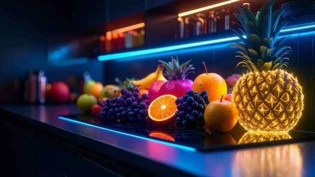 Glowing pineapple and other fruits illuminated by neon lights in modern kitchen.