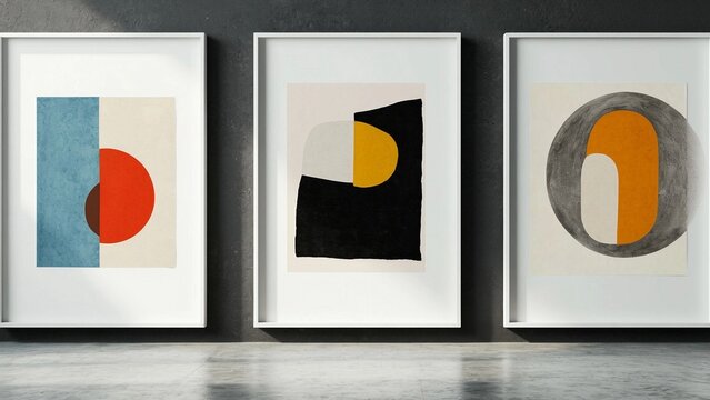 Three framed abstract modern art prints with geometric shapes and muted colors displayed on a dark wall in a gallery setting