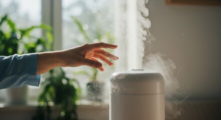 Woman's hand reaching for the steam from a modern, white humidifier in a sunlit room with plants