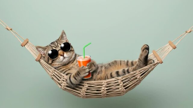 Funny tabby cat with sunglasses relaxing in a hammock and holding a drink. Humorous animal on vacation. Cute pet chilling on a plain background. Summer vacation and summertime concept.