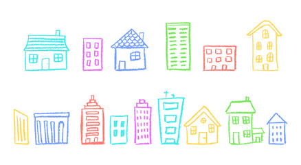 Hand-drawn art of colorful neighborhood buildings for children. Pastel school and kindergarten elements in wax crayon and charcoal squiggle style, perfect for ecology themes. Vector illustration