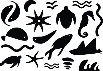 Marine Life Silhouette Shapes Vector Set
