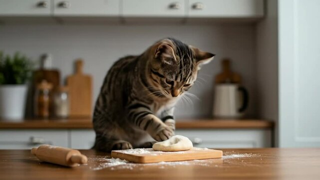 Funny tabby cat kneading dough on a wooden board in a kitchen. Cute pet baker helping with cooking. Humorous animal making biscuits concept. Cat behavior