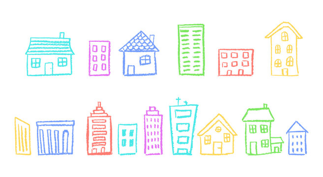 Hand-drawn art of colorful neighborhood buildings for children. Pastel school and kindergarten elements in wax crayon and charcoal squiggle style, perfect for ecology themes. Vector illustration