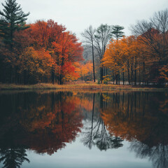 Obraz premium A calm lake reflecting trees during autumn season
