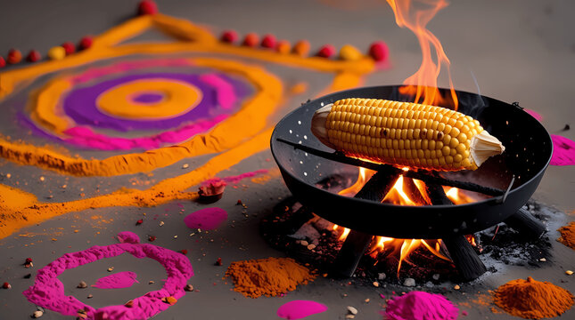A traditional Indian rangoli design sets the backdrop for a festive scene featuring bhutta (roasted corn) being cooked over a fire.