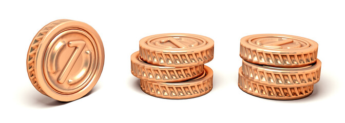 3D set realistic golden coins. 3d render of Copper Coin Stacks with Embossed Number 1. coin 3d icon